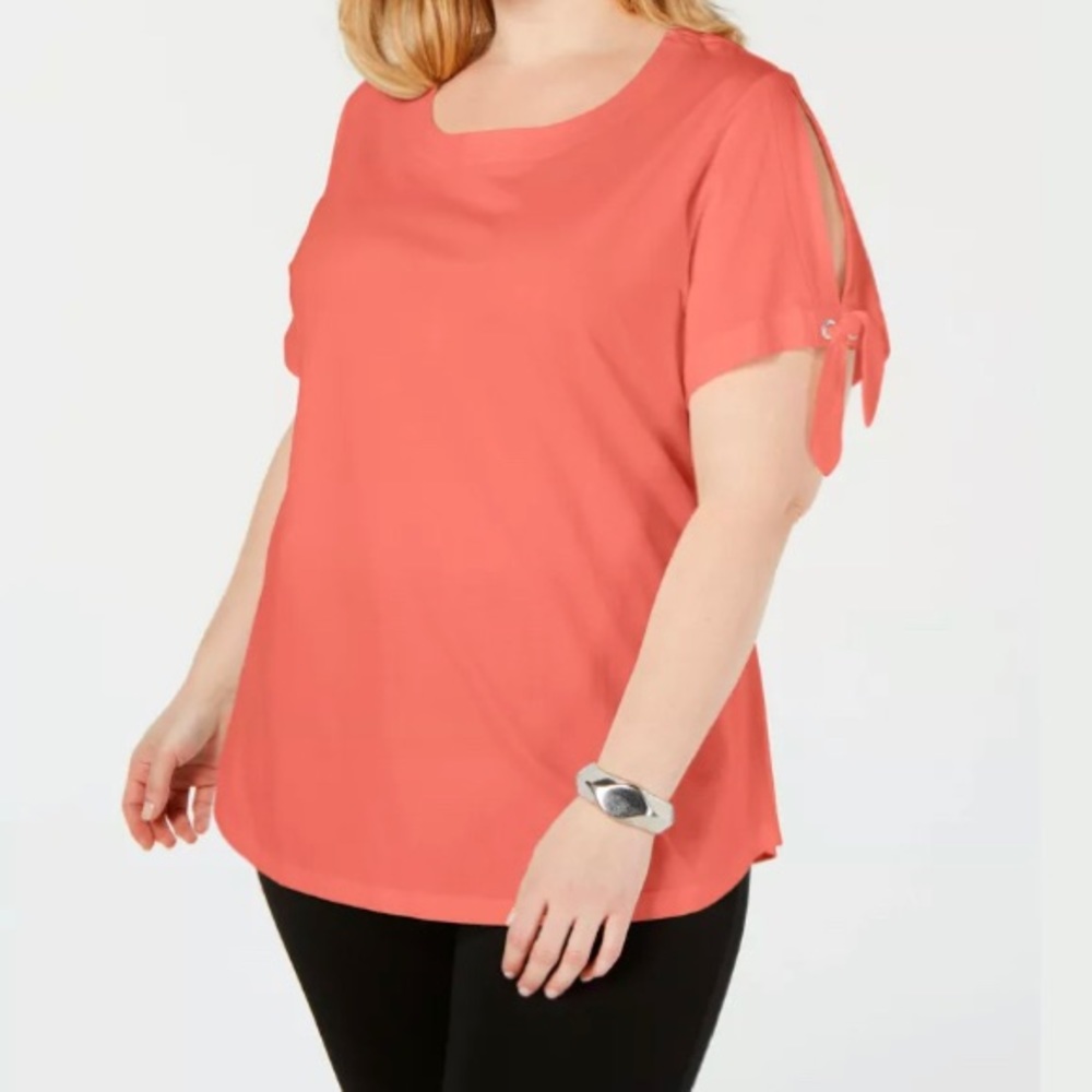 Karen Scott Tie-Sleeve Cold Shoulder Coral Top 0X Blouse